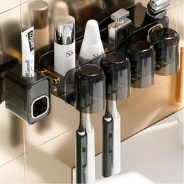 Porte-brosse à dents mural, distributeur automatique de dentifrice anti-poussière, support de rangement de maquillage, ensemble d'accessoires de salle de bains 240226