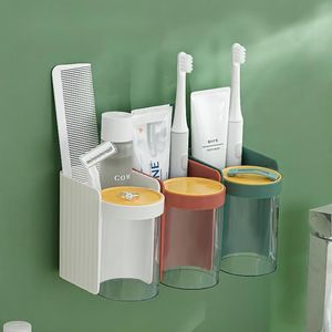 Soporte para cepillo de dientes montado en la pared, juego de vasos de lavado transparente con succión magnética, estante para inodoro sin agujeros para cepillo de dientes y pasta de dientes