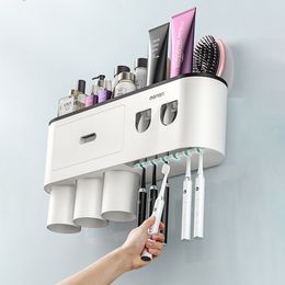 Soporte para cepillos de dientes montado en la pared con 2 dispensadores de pasta de dientes, almacenamiento de baño sin perforaciones para el hogar, accesorios de baño impermeables
