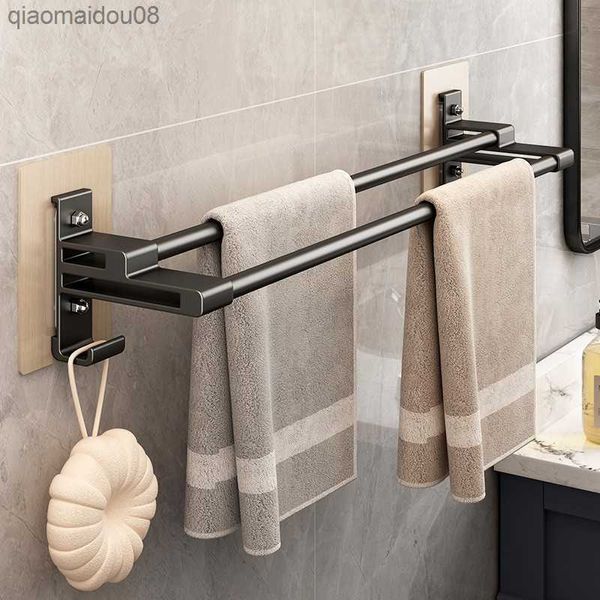 Barra de toalla montada en la pared Accesorios de baño Barra de toalla Estante Soporte de ropa Barra de doble poste de aluminio espacial con gancho Autoadhesivo L230704