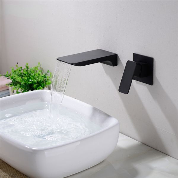 Grifo de lavabo de cascada montado en la pared grifo de fregadero de latón macizo mezclador de agua fría y caliente oculto grifos de baño negro/cromo