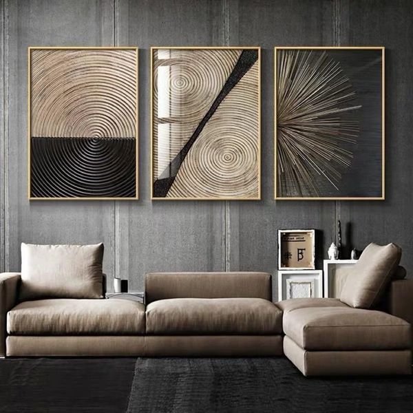 Impresiones de pared abstractas Retro negro dorado, carteles artísticos de madera, anillo de árbol, líneas radiales, cuadro de lienzo nórdico, pinturas decorativas para el hogar 300Z