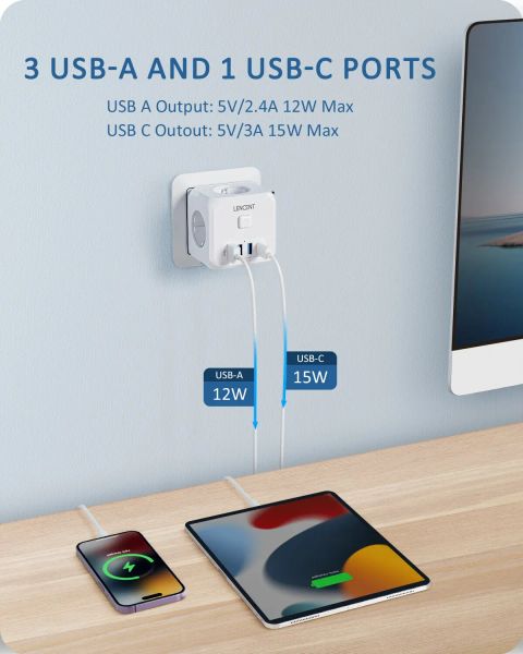 Extension de prise murale avec 3 prises ca, 3 Ports USB et 1 prise ue de Type C 7 en 1, interrupteur marche/arrêt pour la maison