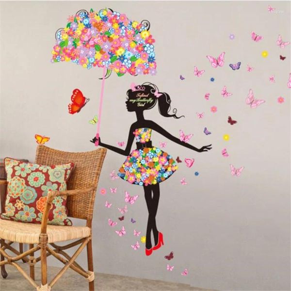 Stickers muraux 1 pc grande fleur elfe parapluie fille autocollant romantique chaud verre chambre murale pour enfants vivant peintures murales