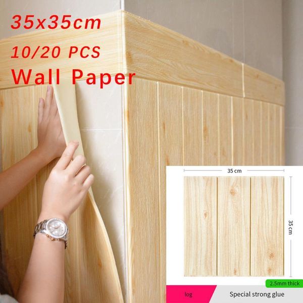 Stickers Muraux 10/20pcs Papier Peint 3D DIY Auto-Adhésif Étanche PE Mousse Simulé En Bois Brique Chambre Décoration 35x35cmMurMur