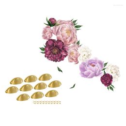 Autocollants muraux 10 Pack Cup Tiroir Pull Cuisine Armoire Poignée Ton Or Avec Autocollant Pivoine Rose Fleurs