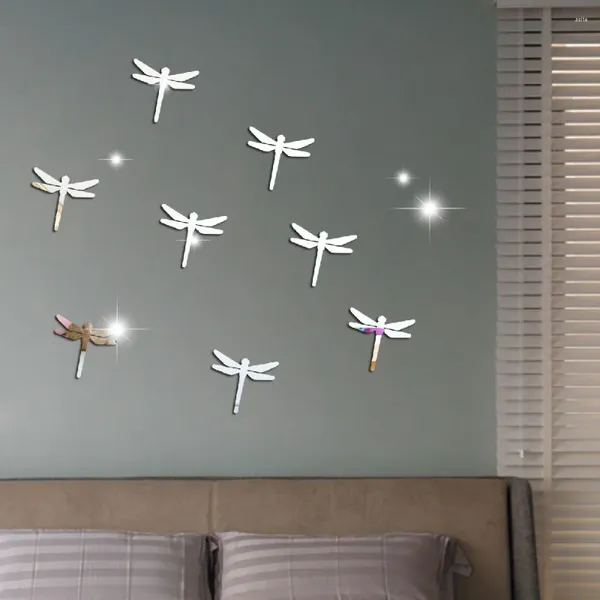 Pegatinas de pared 10 PCS Dragonfly Acrílico Espejo Dormitorio Sala de estar Decoración Accesorios de decoración del hogar