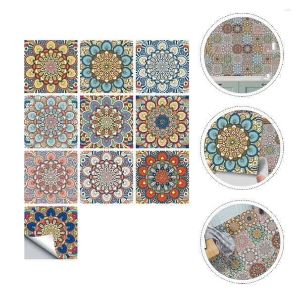 Pegatinas de pared 10 unids Mandala Estilo Mosaico Azulejo Impermeable Mural Calcomanía Decoración de baño