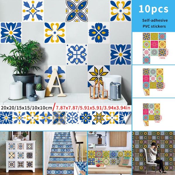 Muurstickers 10 stuks Vintage Transfer Tile Zelfklevende kleurrijke stickers voor badkamer keuken woonkamer DIY Home Deco