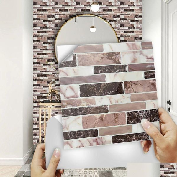 Pegatinas de pared 10pcsset Flat Mármol Mosaico Azulejos Etiqueta Transferencias Ers para cocina Mesas de baño Peel Stick Calcomanías de arte impermeables D DHDHA