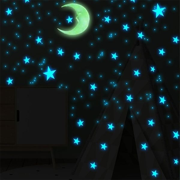 Stickers muraux 111 pièces étoile et lune combinaison 3D autocollant mural salon chambre décoration pour chambre d'enfants maison lueur dans les autocollants sombres 221008