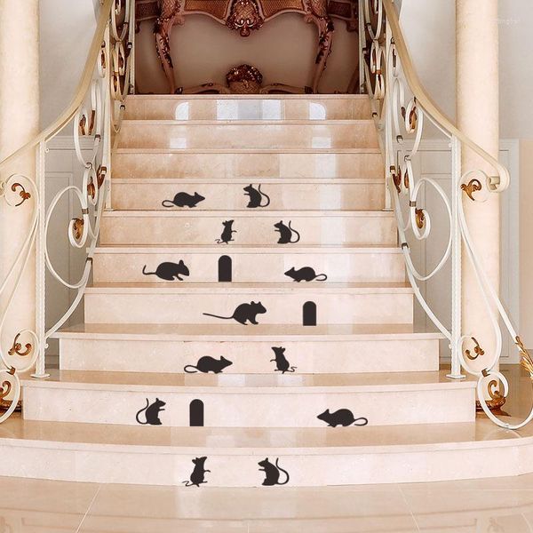 Pegatinas de pared, 12 ratones, decoración de escaleras, calcomanía de ratón pequeño, dibujos animados, extraíbles, impermeables, escaleras, pasos, sala de estar, porche, decoración bonita