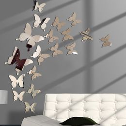Stickers muraux 12pcs 3D papillon miroir autocollant décalque amovible bricolage art fête décoration de mariage chambre d'enfants décor à la maison cristal 230822