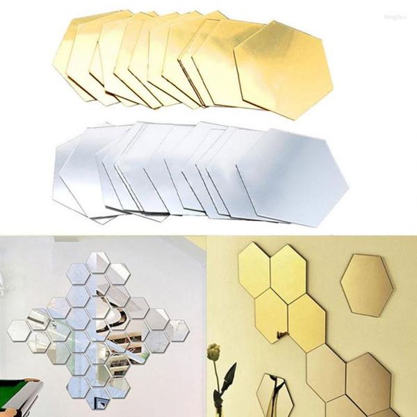 Pegatinas de pared, 12 Uds., espejo acrílico hexagonal 3D, arte DIY, decoración del hogar, sala de estar, accesorios decorativos para azulejos