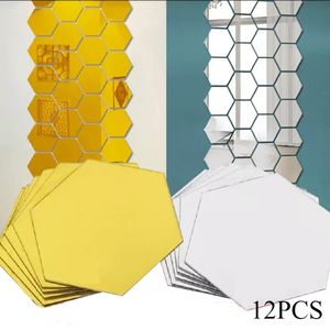 Wandstickers 12 stks 3D Mirror Wall Stickers Zhexagonvorm Acryl Verwijderbare wandsticker Sticker Diy Diy Decoratie Art Mirror Ornamenten 230329