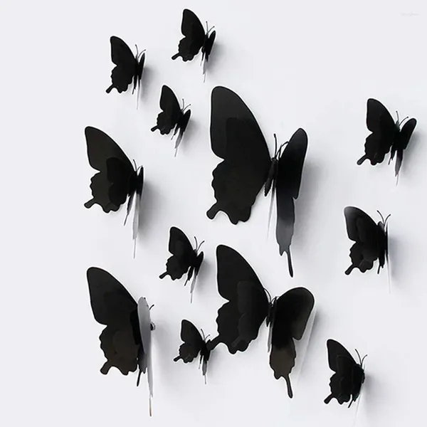 Stickers muraux 12pcs autocollant 3D papillon noir décalcomanies d'art bricolage amovible papier peint en PVC peintures murales décoratives pour salon chambre