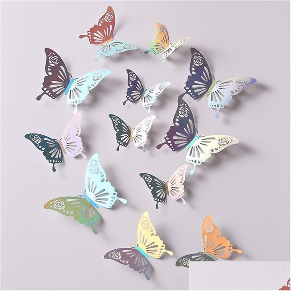 Pegatinas de pared 12 Unids / lote 3D Etiqueta de Mariposa Hueca 3 Tamaños Oro Rosa Sier Mariposas Calcomanías Extraíbles Decoración Entrega de Gota Home Gard Dhtcv