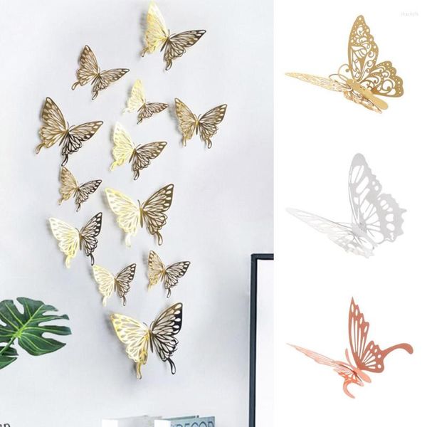 Pegatinas de pared 12 unids/pack DIY decoración del hogar textura de metal suministros de fiesta oro plata Rosegold Mariposas calcomanías 3D mariposa hueca