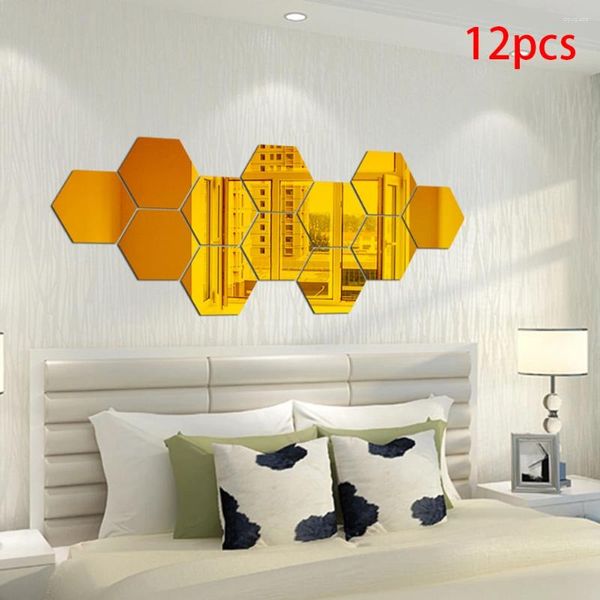 Pegatinas de pared 12 unids Espejo extraíble Sala de estar Decoración para el hogar El Dormitorio Efecto 3D Forma hexagonal Sólido DIY Etiqueta de arte