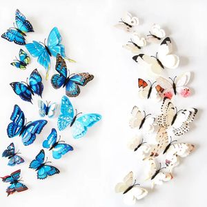 Autocollants muraux 12 pièces ensemble papillon 3D coloré double couche sur la décoration de fête matériau imperméable 231101
