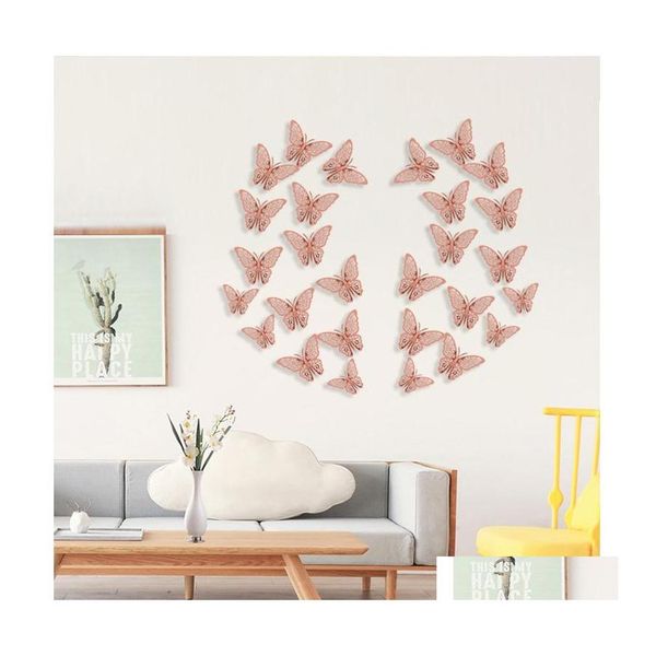 Stickers Muraux 12Pcs / Set Rose Or 3D Creux Papillon Autocollant Pour La Décoration Intérieure Papillons Chambre Décoration Fête De Mariage Décors Wll993 Dhpbi