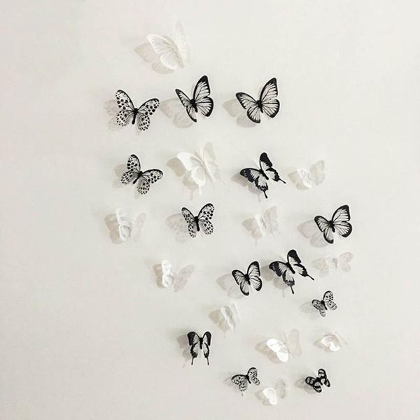 Stickers muraux 18 pièces 3D noir et blanc papillon autocollant Art décalque décoration de la maison chambre décor SCVD889Wall