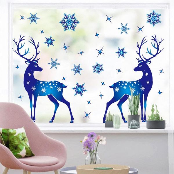 Stickers muraux 1Pc noël Elk salon fenêtre autocollant embellir flocon de neige hiver décalcomanies 2023 année fête verre décor à la maison