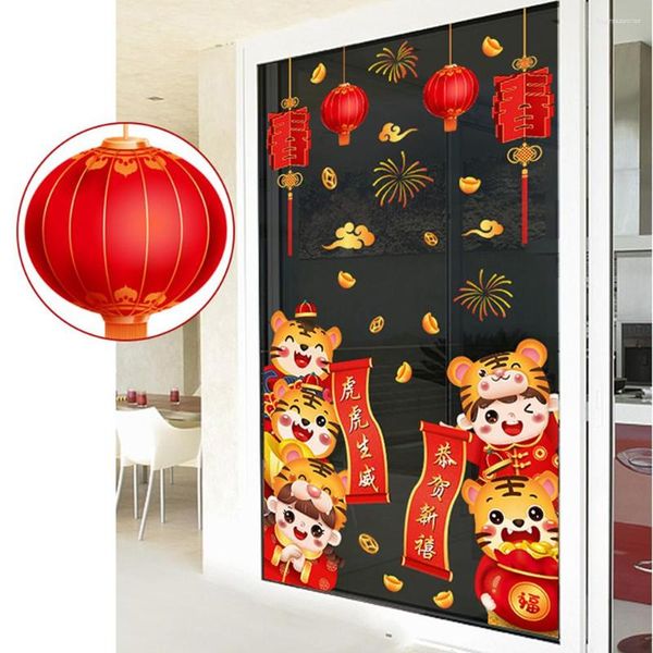 Stickers muraux 2023Festival du printemps année chinoise du tigre dessin animé motif verre fenêtre porte armoire autocollant décor