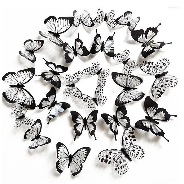 Stickers muraux 24 pièces/ensemble 3D papillon autocollant décor à la maison Stickers muraux PVC papier peint étanche noir blanc réfrigérateur