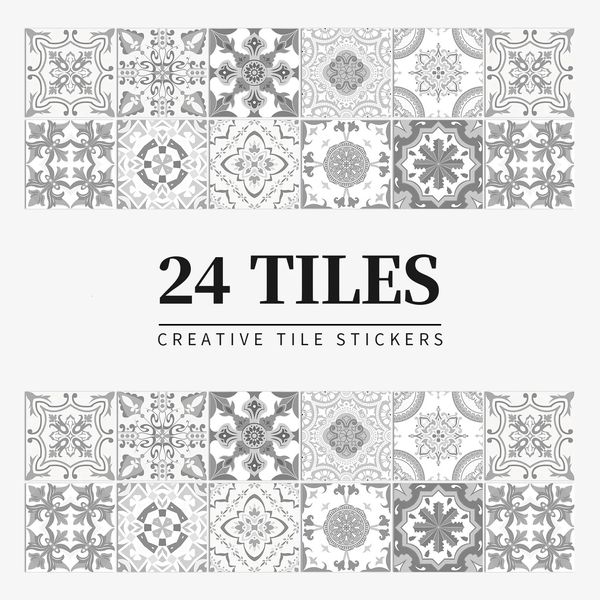 Stickers muraux 24pcs autocollant gris marocain vintage art imperméable vinyle peler et coller carrelage décor à la maison cuisine salle de bain bricolage décalque 231009