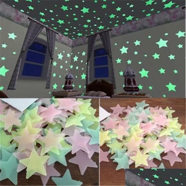 Pegatinas de pared 300 unids estrellas 3D brillan en la oscuridad luminosa fluorescente para niños habitación de bebé dormitorio techo decoración del hogar entrega de entrega garde dhzav