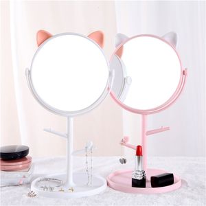 Miroir de maquillage rotatif à 360 ° avec porte-bijoux, base de comptoir de table, utilisation pour salle de bain, oreille de chat mignon, bureau, miroirs cosmétiques 230731