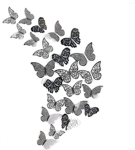 Stickers Muraux 36pcs Noir Gris Miroir Papier 3D Creux Papillon Décor Stickers Pour Papillons Réfrigérateur Autocollant Chambre Fête De Mariage DIY