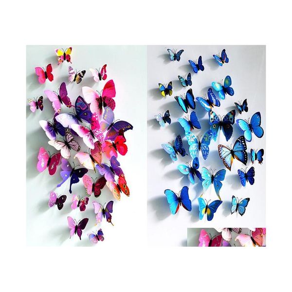 Stickers muraux 3D papillon autocollant simulé papillons Double aile décor Art décalcomanies décoration de la maison livraison directe jardin Dhfek