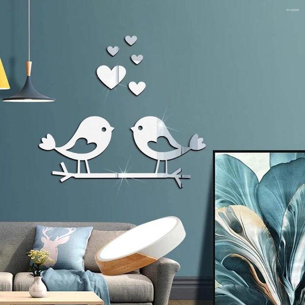 Pegatinas de pared 3D para decoración del hogar, pegatina de espejo acrílico, decoración de boda, rama de pájaros, calcomanía impermeable autoadhesiva