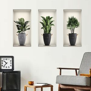 Wall Stickers 3D Green Plants Potted Sticker False Window Vinyl Decals Living Room Background Decor 230603