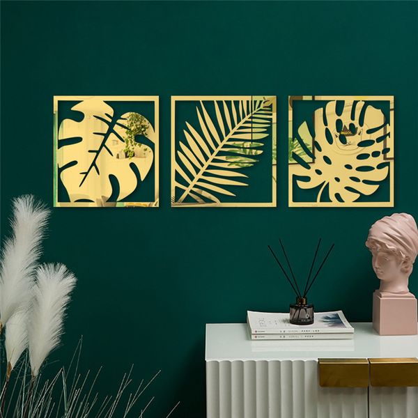 Stickers muraux 3D creux po cadre feuille de palmier miroir sticker mural Décoration de la maison Salon Acrylique mural Plante verte miroir sticker mural 230403