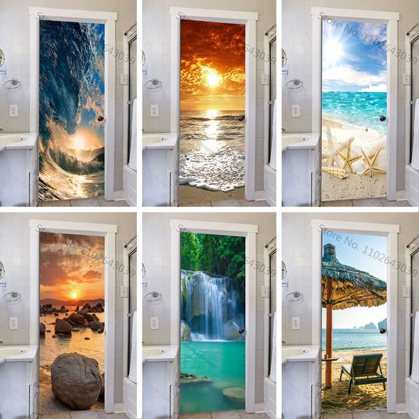 Stickers muraux 3D Paysage Porte Autocollant Papier Peint Auto-adhésif PVC Étanche Art Mural Pour Salon Chambre Décor Amovible Affiche 230717