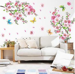 Stickers muraux 3d rose amovible pêche prune fleur de cerisier fleur papillon Art décalcomanie maison autocollant chambre décor