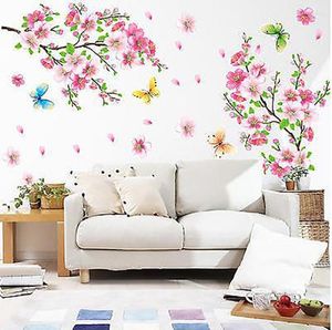 Pegatinas de pared 3d rosa extraíble melocotón ciruela flor de cerezo flor mariposa arte calcomanía hogar pegatina decoración de la habitación