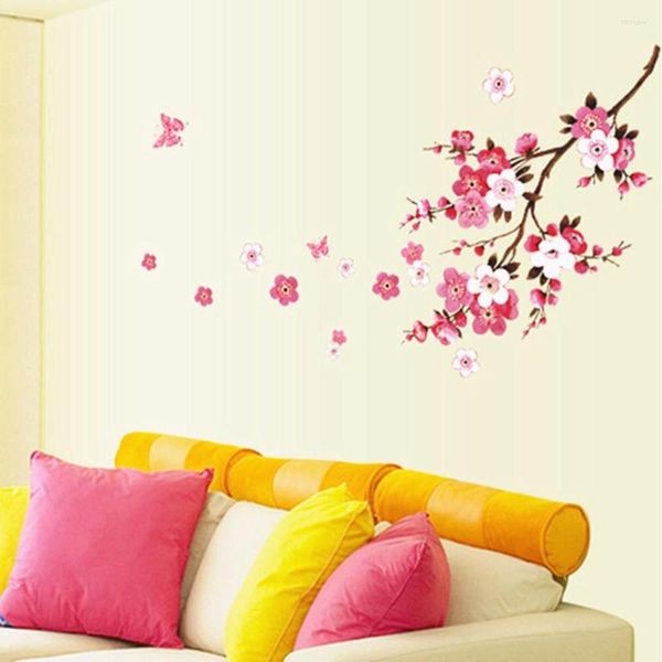 Pegatinas de pared 3D Pink Tree Room Peach Blossom Flower Butterfly DIY Poster Art Decals Decor Mural Wallpaper