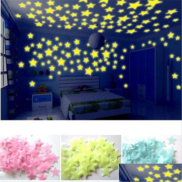 Pegatinas de pared 3D Star Moon Fluorescente Etiqueta luminosa Resplandor en las estrellas oscuras Ecológico Pvc Calcomanía decorativa Niños Habitaciones para bebés Dro Dhl84