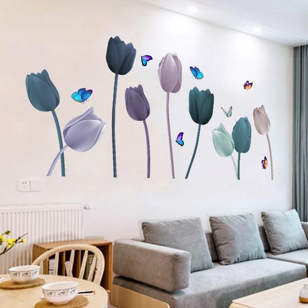 Stickers muraux 3D Stéréo Tulipes Fleurs Esthétique Teen Room Stickers Home Office Decor Wallstickers Art Affiches Auto-adhésif PVC