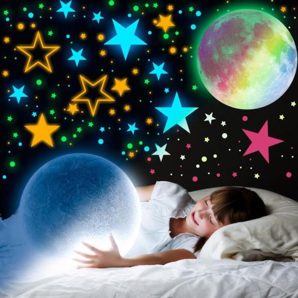 Pegatinas de pared 435 Uds. Luna colorida estrellas luminosas para techo de habitación de niños decoración DIY fiesta feliz decoración fluorescente para el hogar