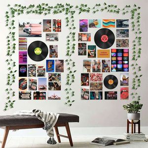 Stickers muraux 48 pièces affiche de disques vintage rétro kits de collage esthétique carte d'impression artistique fausses vignes Trippy dortoir chambre décor pour adolescents 230321