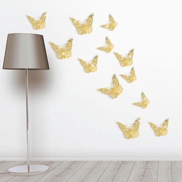 Pegatizas de pared #6 Decoraciones de boda 12pcs Gold Silver 3D Simulación Butterfly Bridal Shower Fiesta de cumpleaños Home Diy2593