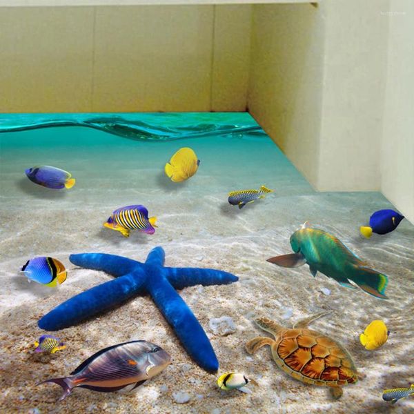 Stickers muraux 60 / 90cm mignon 3D dauphin plancher étanche salle de bain étoile de mer autocollant carreaux pour enfants chambre cadeau