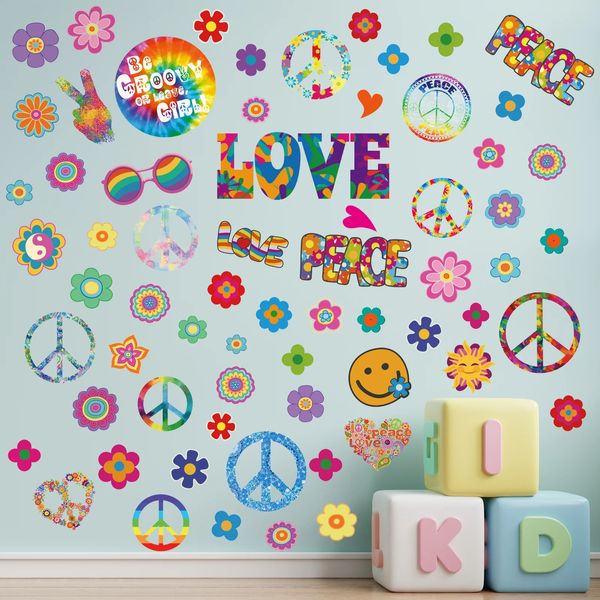 Stickers Muraux Autocollants de Fête à Thème Hippie des Années 60 94 PCS Autocollants de Voiture de Fleur Hippie pour Enfants Autocollant de Signe de Paix coloré pour Mur/Fenêtre 231208