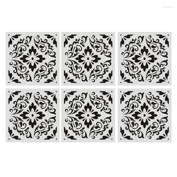 Pegatinas de pared 6 uds pintura DIY 30x30cm plantilla de plantillas de patrón de flores vintage para muebles de piso de azulejos decorativos