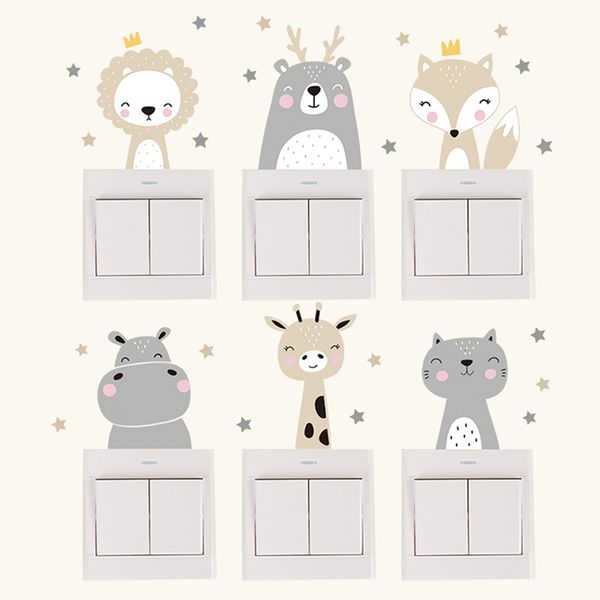 Pegatinas de pared 6 piezas set Boho Color Linda sonrisa animales de dibujos animados interruptor pegatinas para pared habitación de niños habitación de bebé pegatinas de pared estrellas decoración del hogar 230329